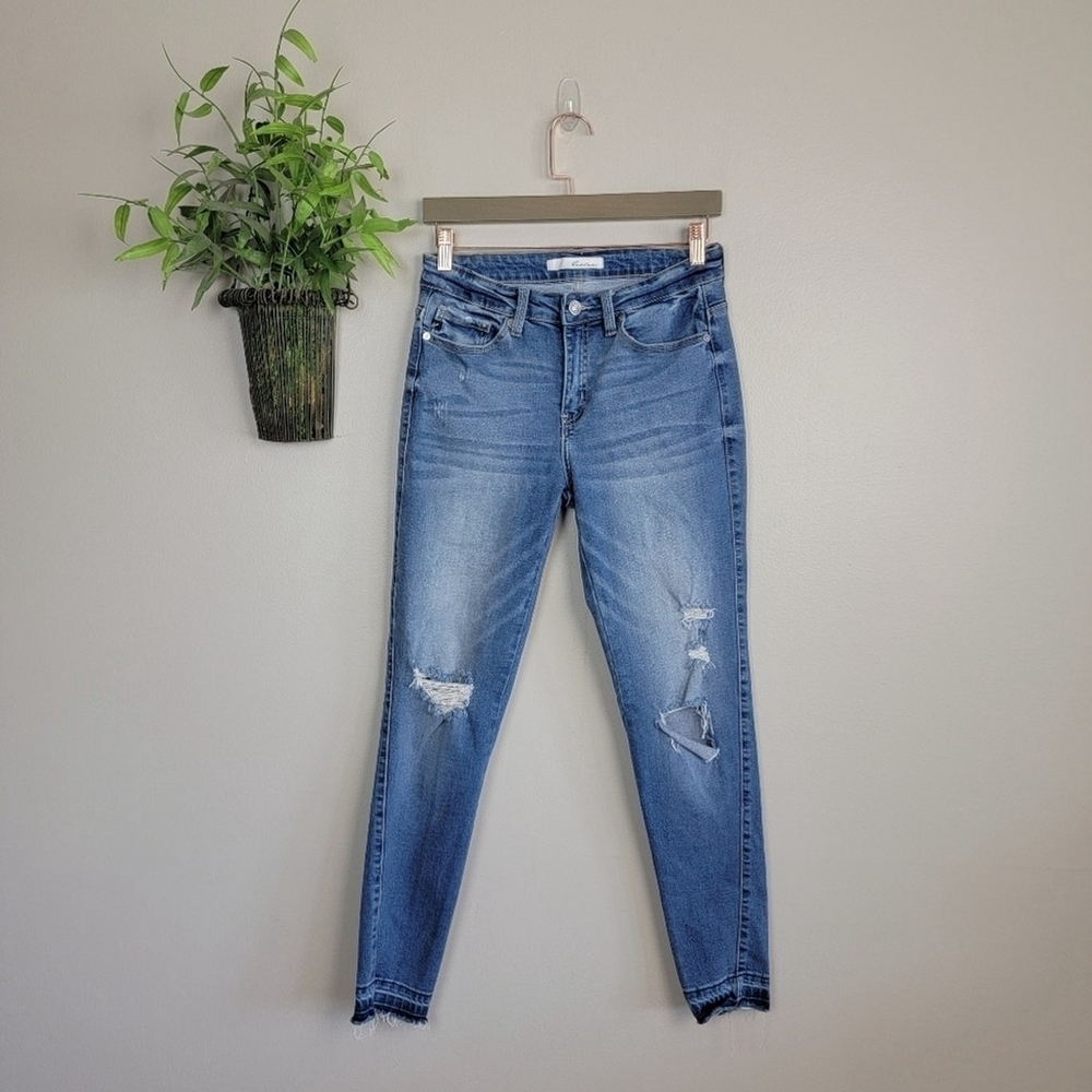 KanCan 9 Skinny Medium Wash Jegging Distressed Frayed Step Hem High Rise Jeans